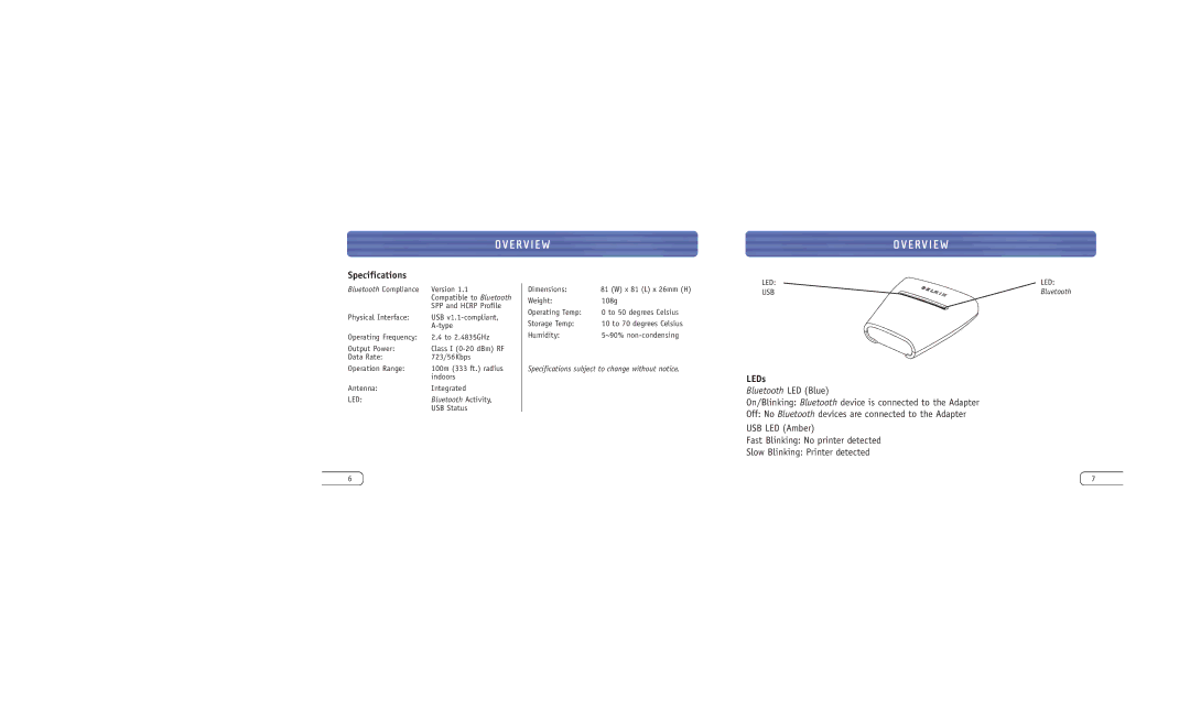 Belkin F8T031 user manual Specifications, LEDs 