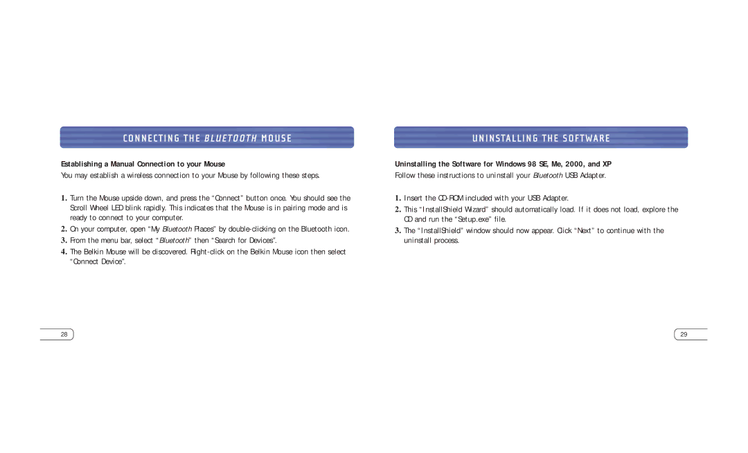 Belkin F8T041-B user manual Uninstalling the Software, Establishing a Manual Connection to your Mouse 