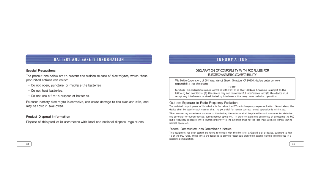 Belkin F8T041-B Battery and Safety Information, F O R M a T I O N, Special Precautions, Product Disposal Information 