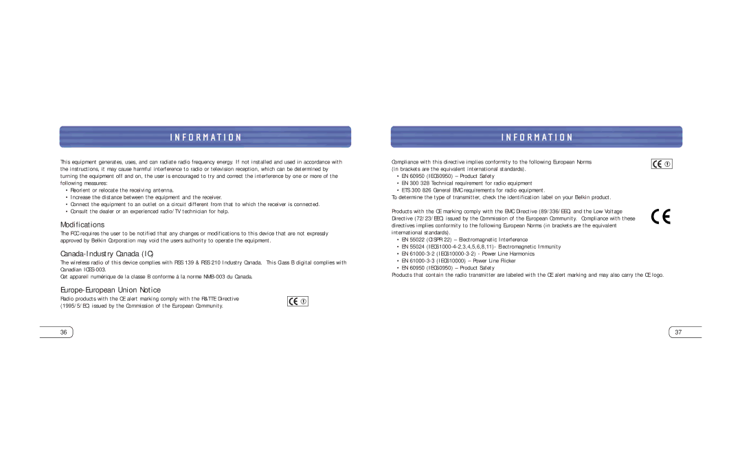 Belkin F8T041-B user manual Modifications, Canada-Industry Canada IC, Europe-European Union Notice 