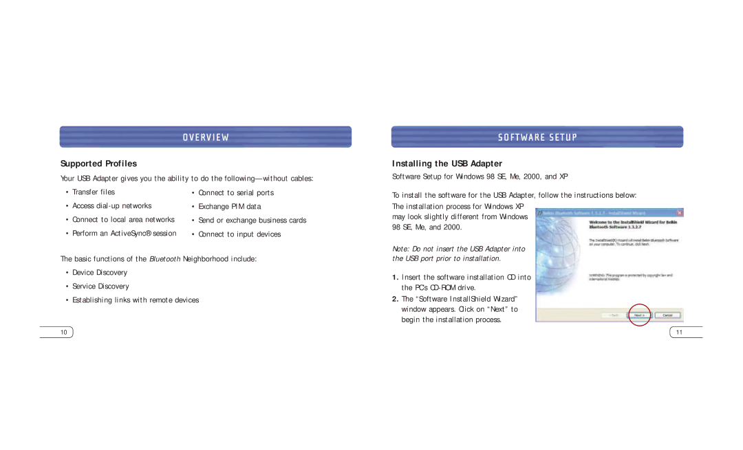 Belkin F8T041-B user manual Software Setup, Supported Profiles, Installing the USB Adapter 