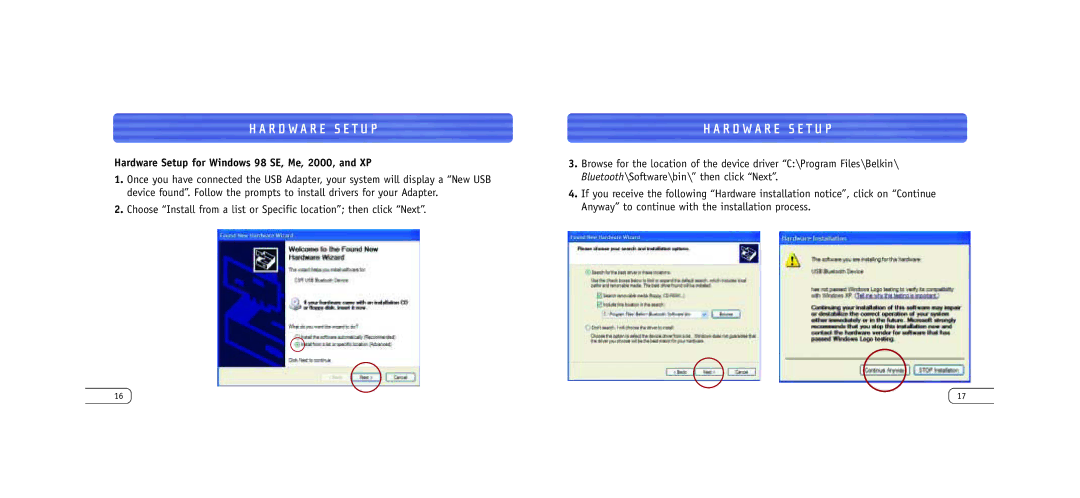 Belkin F8T042UKB user manual Hardware Setup for Windows 98 SE, Me, 2000, and XP 