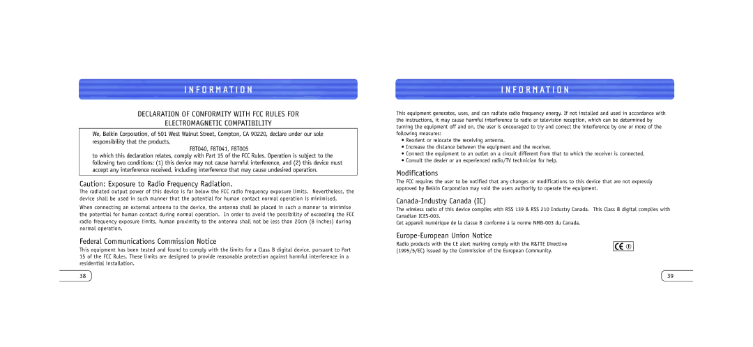 Belkin F8T042UKB user manual F O R M a T I O N, Federal Communications Commission Notice 