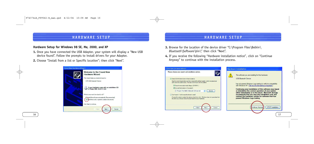 Belkin F8T042UKB user manual Hardware Setup for Windows 98 SE, Me, 2000, and XP 