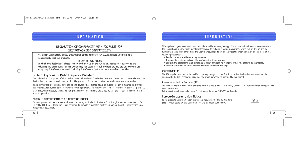 Belkin F8T042UKB user manual F O R M a T I O N, Federal Communications Commission Notice 