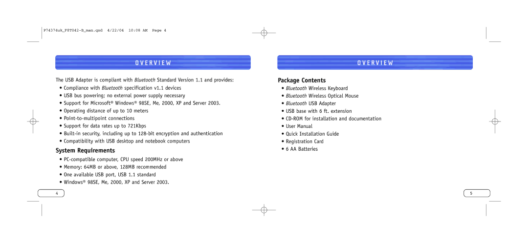 Belkin F8T042UKB user manual System Requirements, Package Contents 