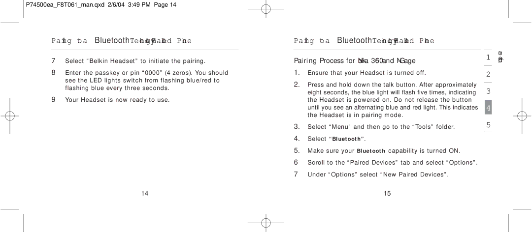 Belkin F8T061 manual Pairing Process for Nokia 3650 and N-Gage, Select Bluetooth 