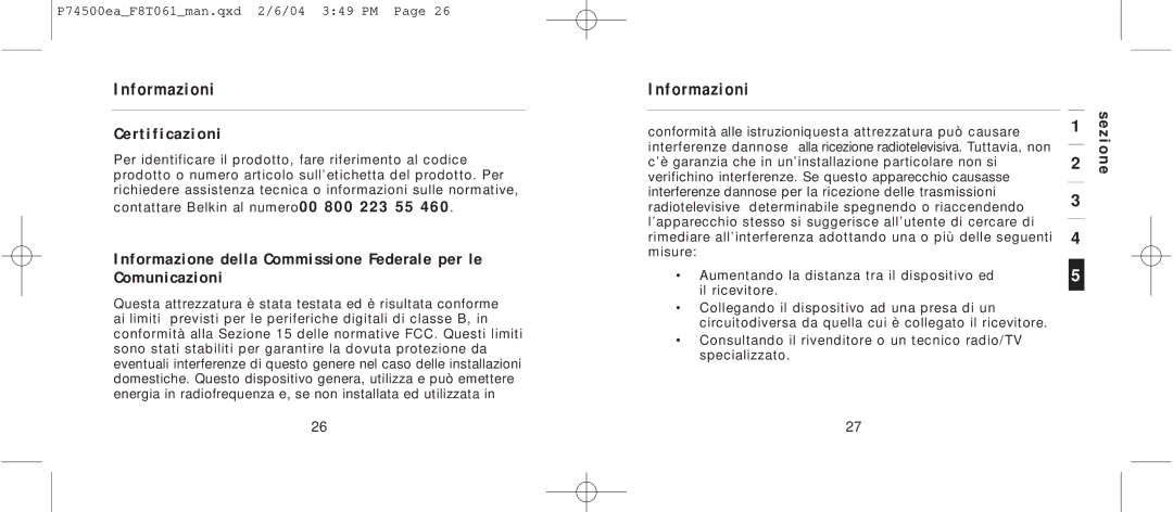 Belkin F8T061 manual Informazioni, Certificazioni 