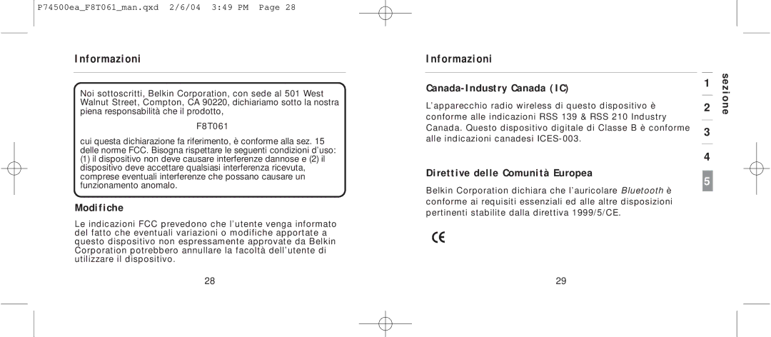 Belkin F8T061 manual Modifiche, Direttive delle Comunità Europea 