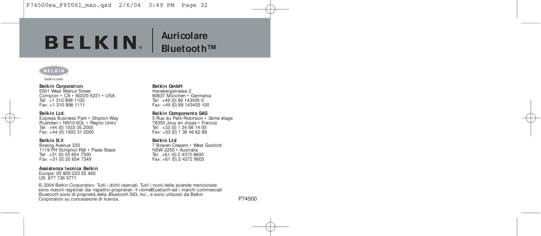 Belkin F8T061 manual Auricolare 