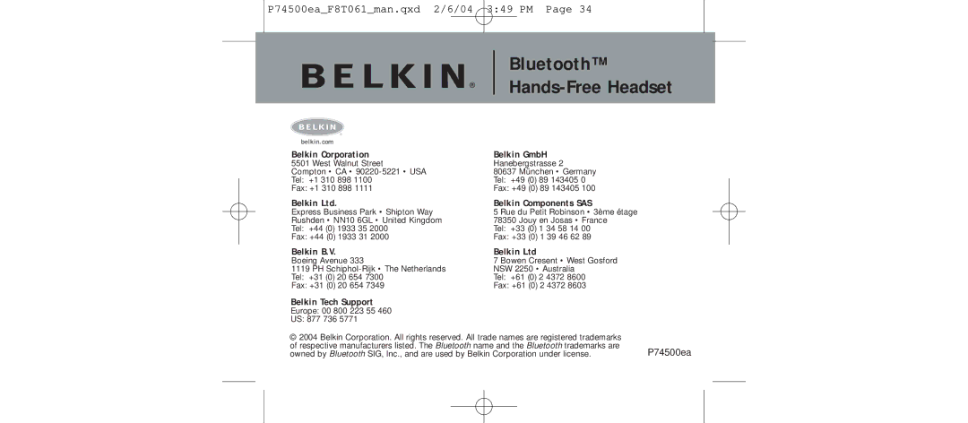 Belkin F8T061 manual P74500ea 