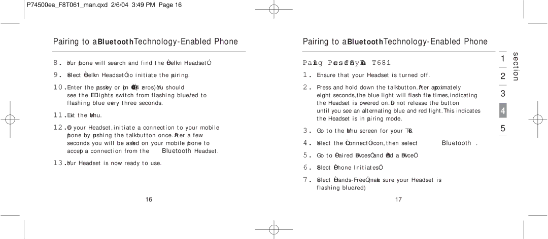 Belkin F8T061 manual Pairing Process for Sony Ericsson T68i 