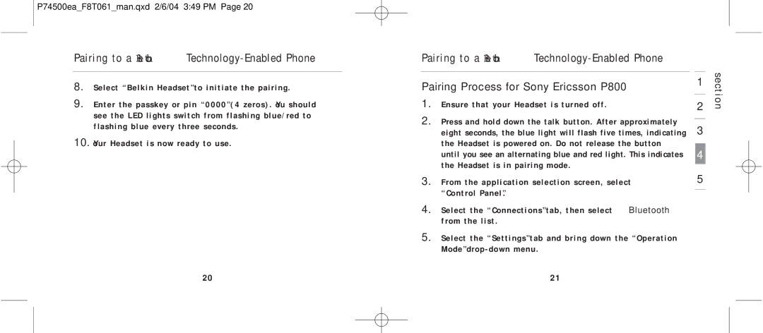 Belkin F8T061 manual Pairing Process for Sony Ericsson P800 