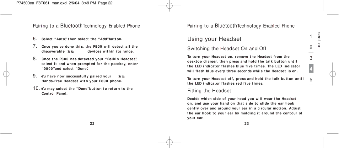 Belkin F8T061 manual Using your Headset, Switching the Headset On and Off, Fitting the Headset 