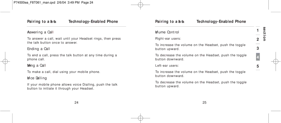 Belkin F8T061 manual Answering a Call, Ending a Call, Making a Call, Voice Dialling, Volume Control 