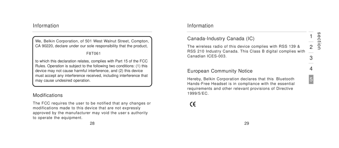 Belkin F8T061 manual Modifications, Canada-Industry Canada IC, European Community Notice 