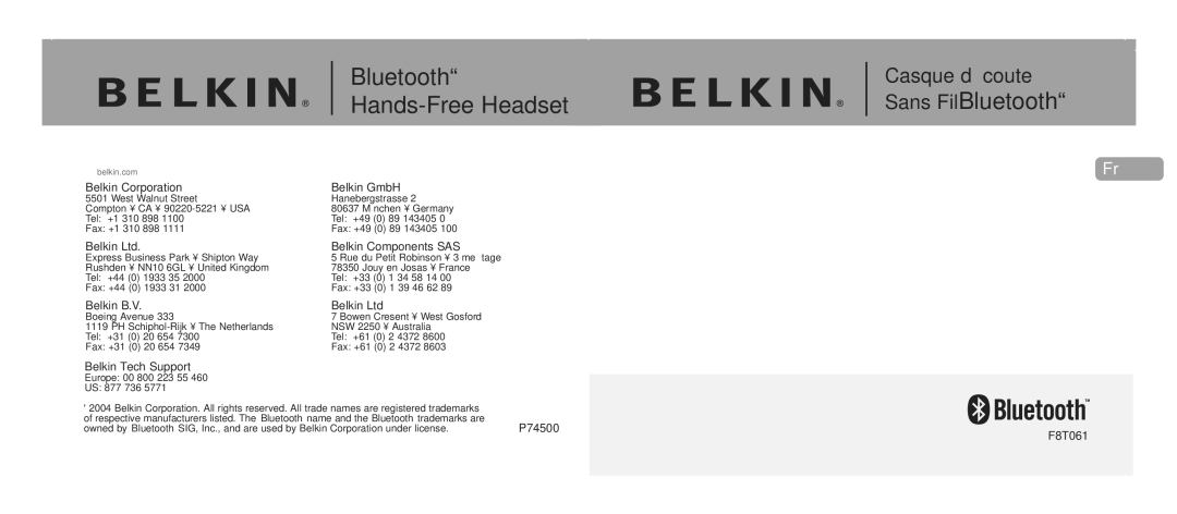 Belkin F8T061 manual Casque d’écoute, Belkin Corporation Belkin GmbH 