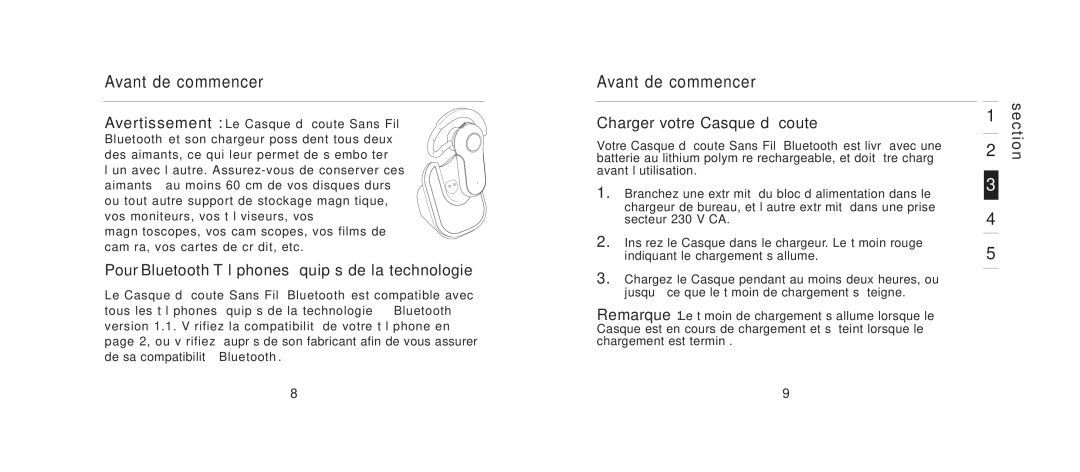 Belkin F8T061 manual Avant de commencer, Pour Bluetooth Téléphones équipés de la technologie, Charger votre Casque d’écoute 