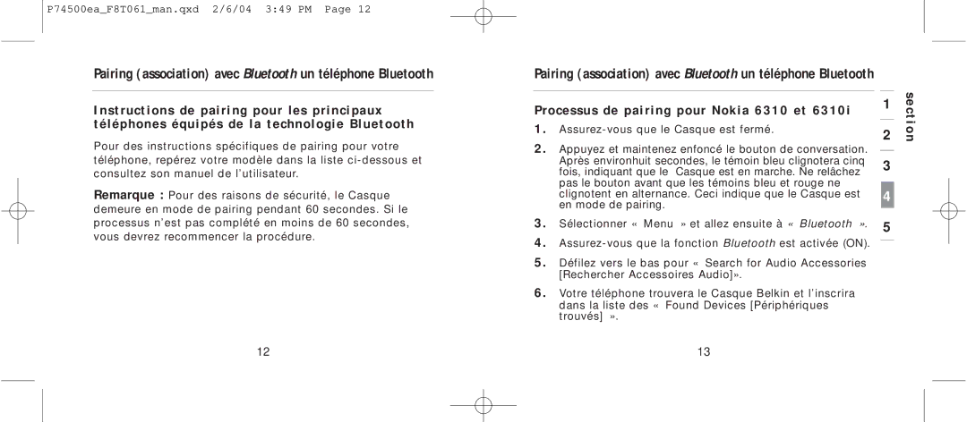 Belkin F8T061 manual Processus de pairing pour Nokia 6310 et 