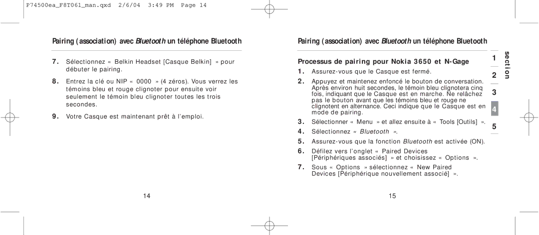 Belkin F8T061 Pairing association avec Bluetooth un téléphone Bluetooth, Processus de pairing pour Nokia 3650 et N-Gage 