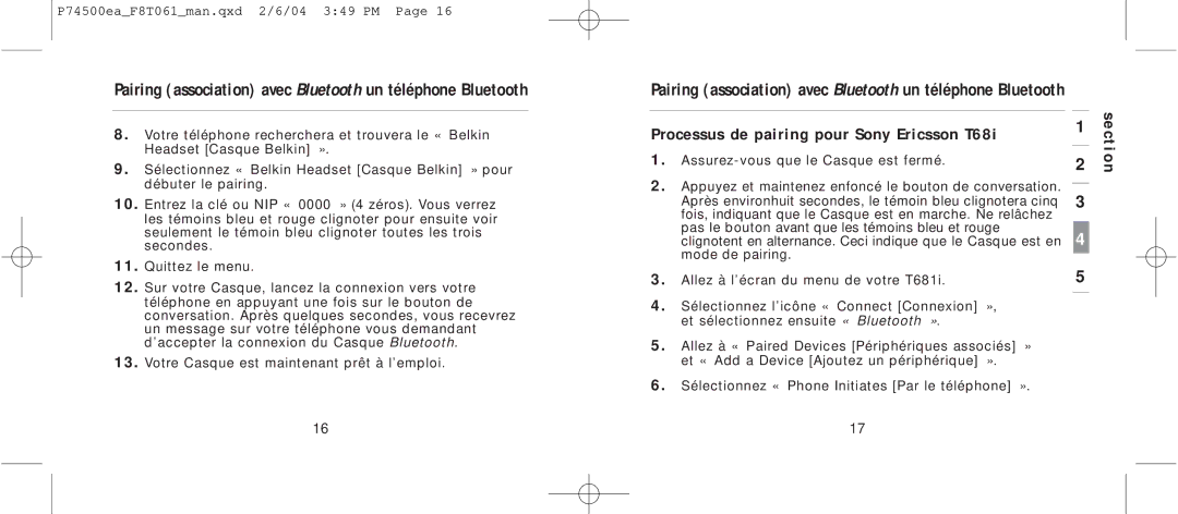 Belkin F8T061 manual Processus de pairing pour Sony Ericsson T68i 