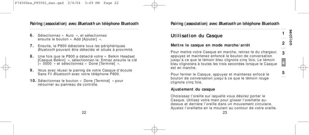 Belkin F8T061 manual Utilisation du Casque, Mettre le casque en mode marche/arrêt, Ajustement du casque 