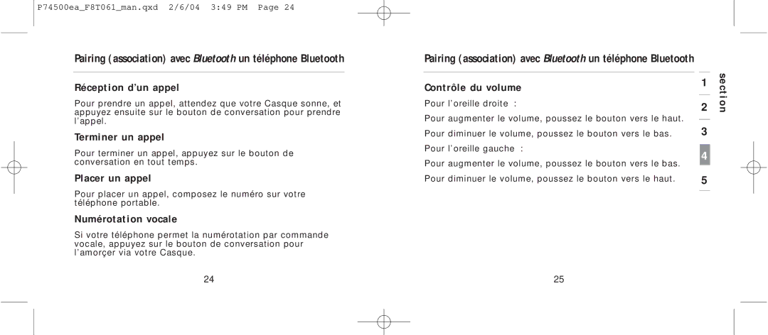 Belkin F8T061 manual Terminer un appel, Placer un appel, Numérotation vocale, Contrôle du volume 