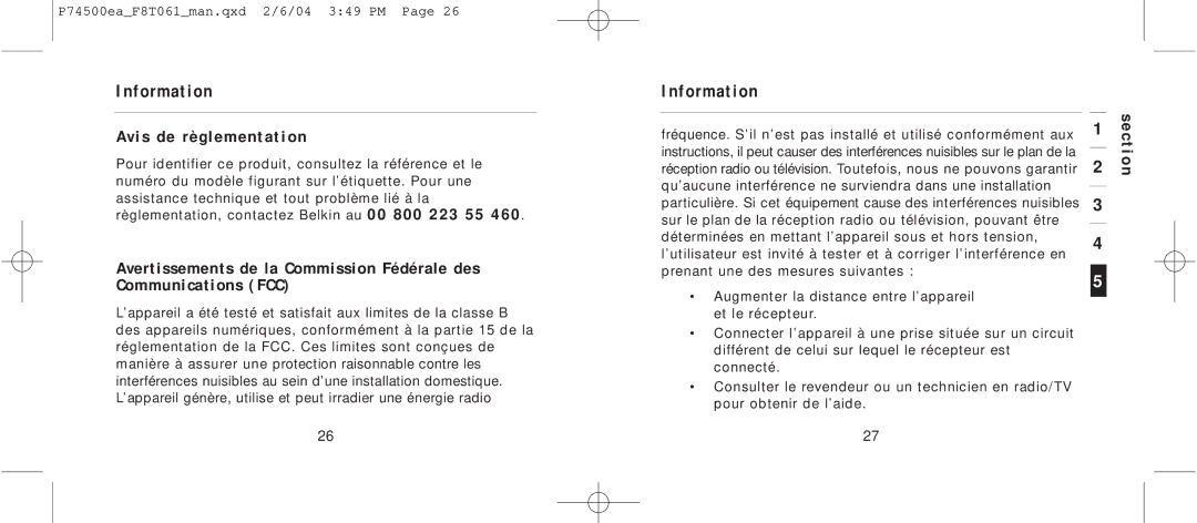 Belkin F8T061 manual Information, Avis de règlementation 