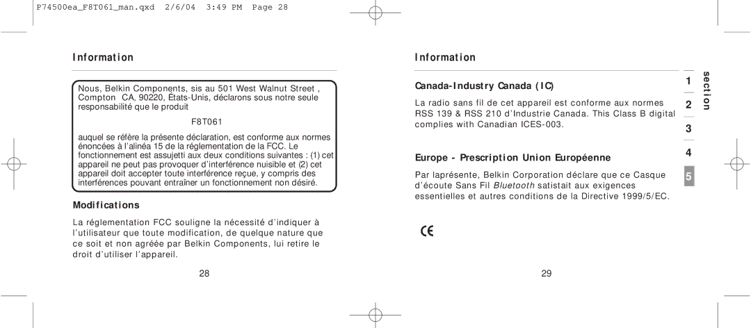 Belkin F8T061 manual Modifications, Europe Prescription Union Européenne 