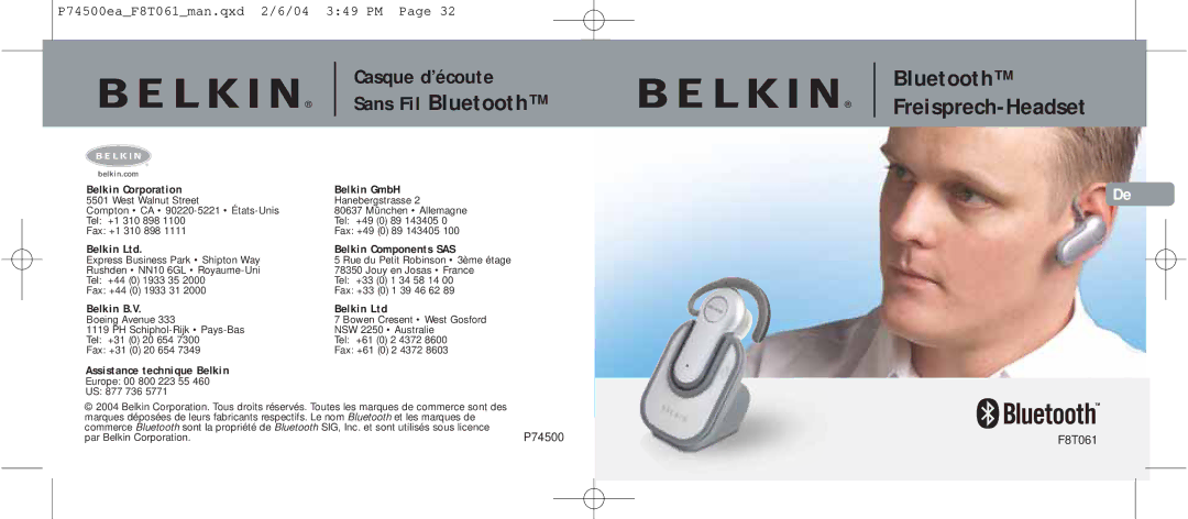 Belkin F8T061 manual Bluetooth Freisprech-Headset 