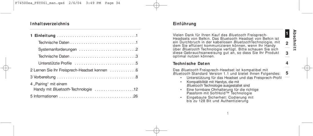 Belkin F8T061 manual Inhaltsverzeichnis, Einführung, Technische Daten, Abschnitt 