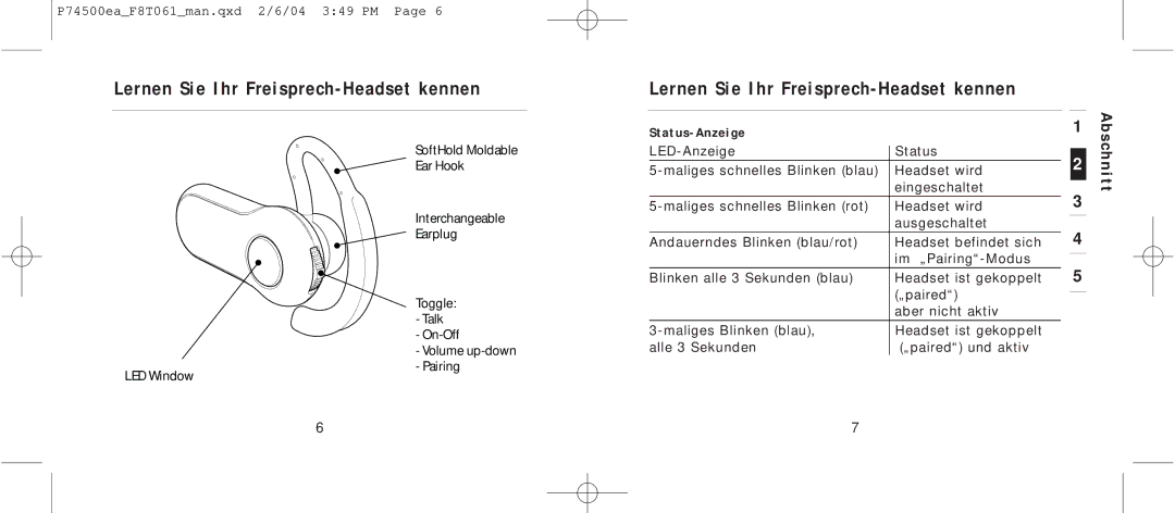 Belkin F8T061 manual Lernen Sie Ihr Freisprech-Headset kennen, Status-Anzeige 