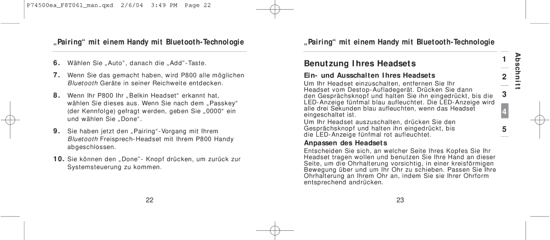 Belkin F8T061 manual Benutzung Ihres Headsets, Ein- und Ausschalten Ihres Headsets, Anpassen des Headsets 