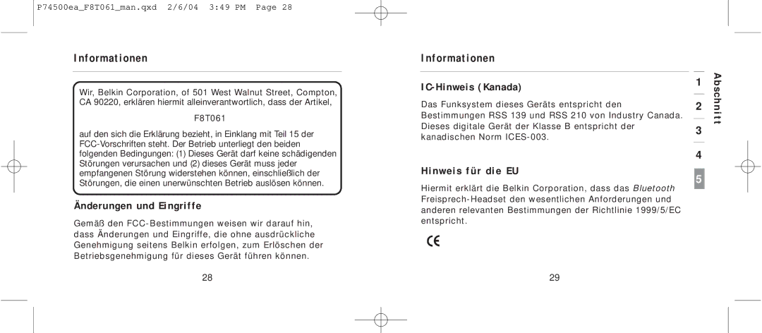 Belkin F8T061 manual Änderungen und Eingriffe, IC-Hinweis Kanada, Hinweis für die EU 