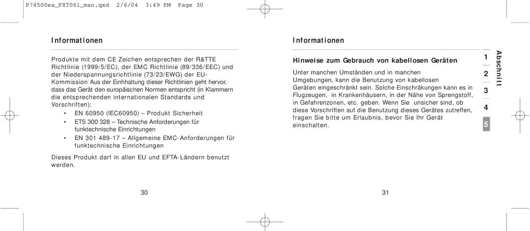 Belkin F8T061 manual Hinweise zum Gebrauch von kabellosen Geräten 