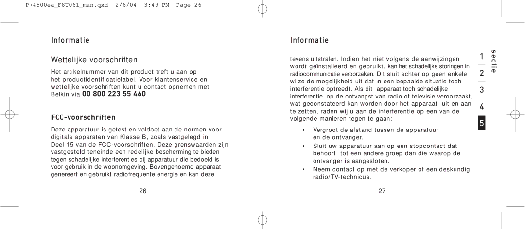 Belkin F8T061 manual Wettelijke voorschriften, FCC-voorschriften 