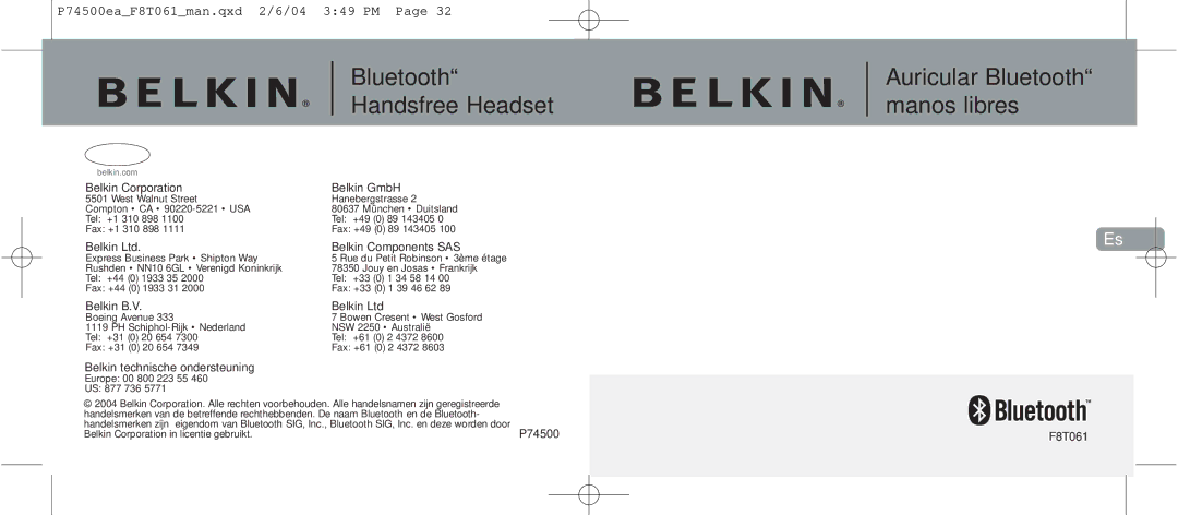 Belkin F8T061 manual Handsfree Headset 