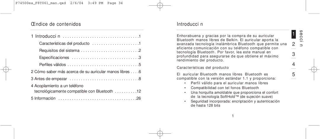 Belkin F8T061 manual Índice de contenidos, Introducción, Sección 