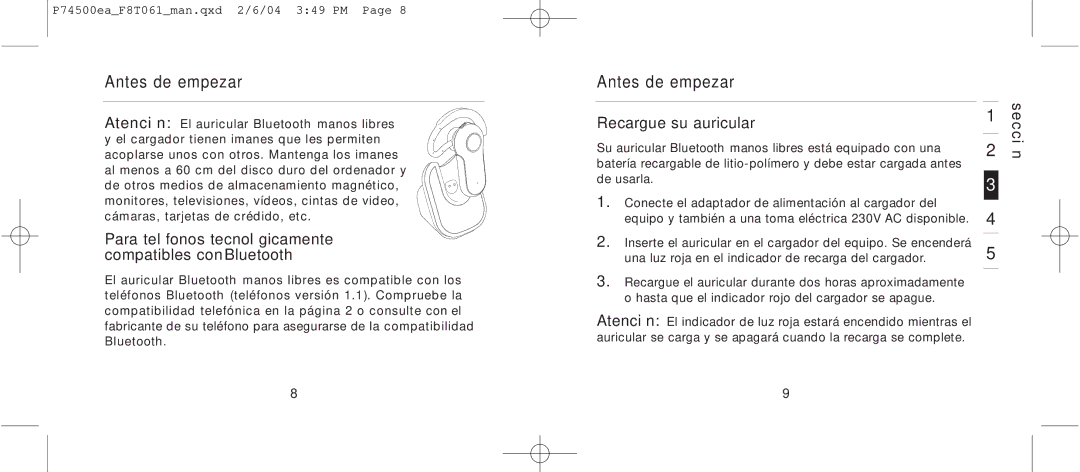 Belkin F8T061 manual Antes de empezar, Recargue su auricular 