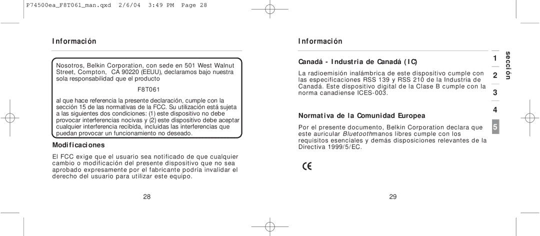 Belkin F8T061 manual Modificaciones, Canadá Industria de Canadá IC, Normativa de la Comunidad Europea 