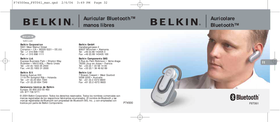 Belkin F8T061 manual Auricular Bluetooth 