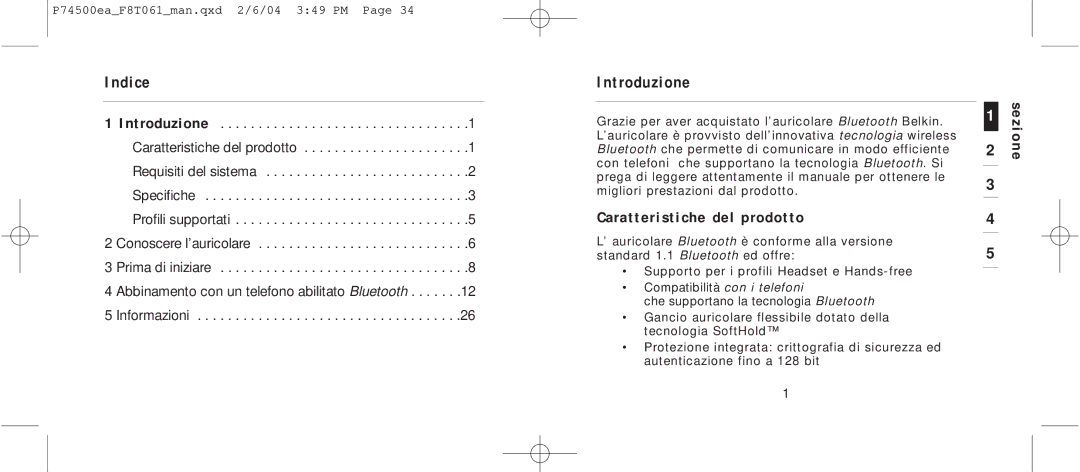 Belkin F8T061 manual Indice, Introduzione, Caratteristiche del prodotto, Sezione 