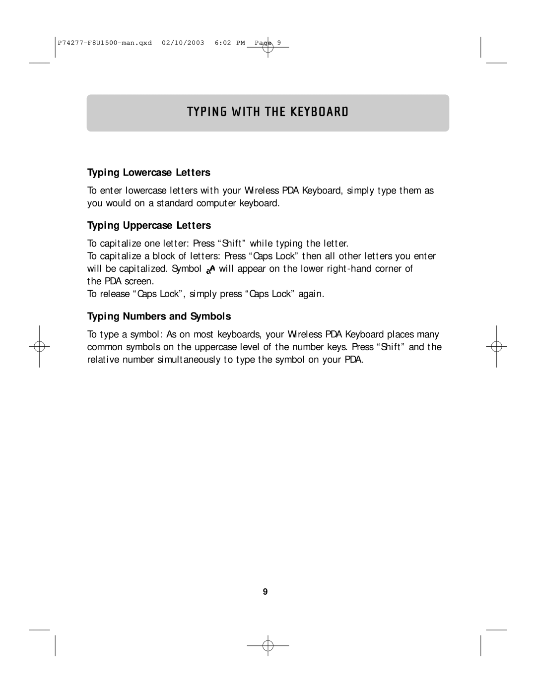 Belkin F8U1500 Typing with the Keyboard, Typing Lowercase Letters, Typing Uppercase Letters, Typing Numbers and Symbols 