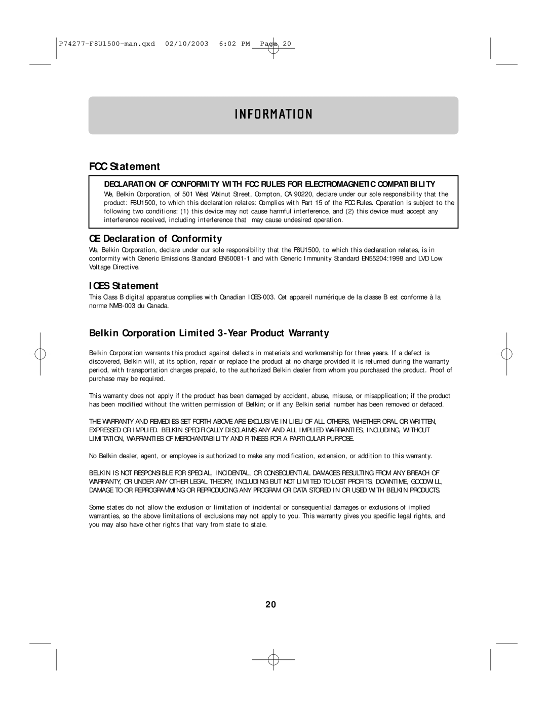 Belkin F8U1500 manual Information, FCC Statement 