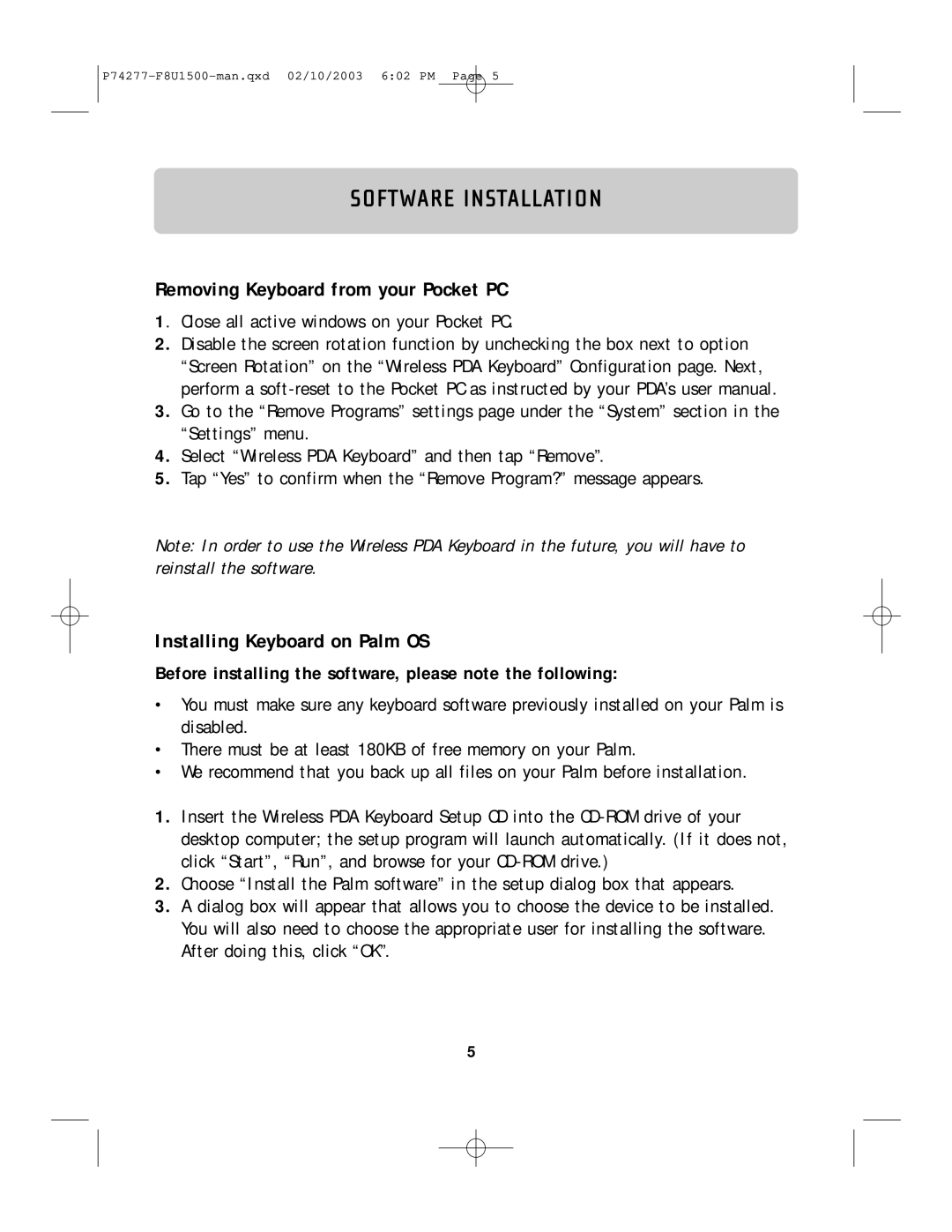 Belkin F8U1500 manual Removing Keyboard from your Pocket PC, Installing Keyboard on Palm OS 