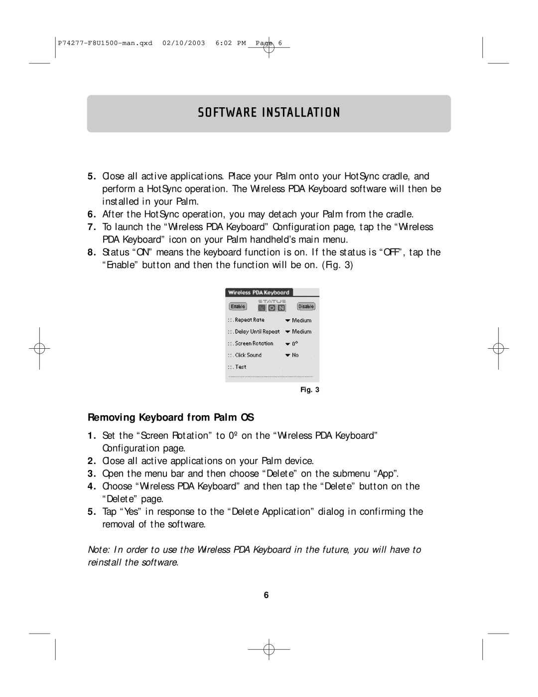 Belkin F8U1500 manual Removing Keyboard from Palm OS 