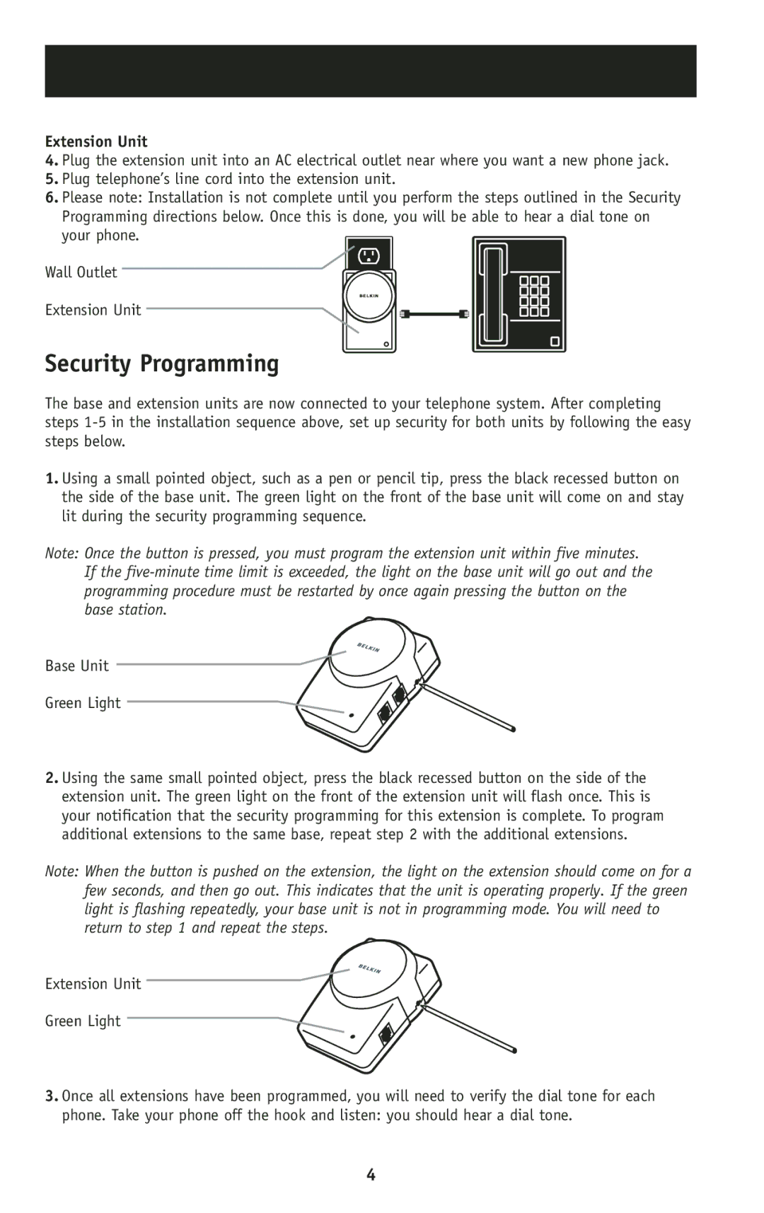 Belkin F8V1027 user manual Security Programming, Extension Unit Green Light 