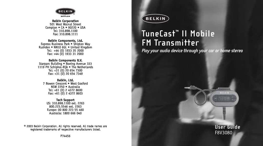 Belkin F8V3080 manual TuneCast II Mobile FM Transmitter, User Guide, Belkin Corporation, Belkin Components B.V 