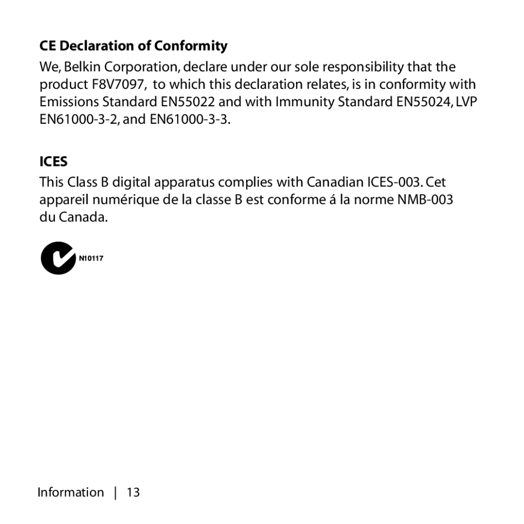 Belkin F8V7097 user manual Ices 