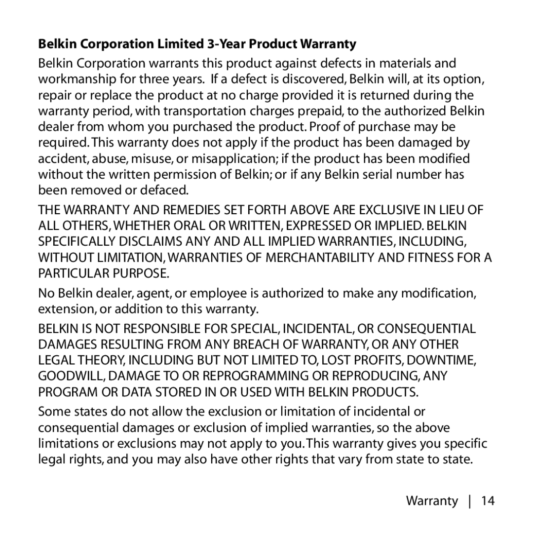 Belkin F8V7097 user manual Belkin Corporation Limited 3-Year Product Warranty 